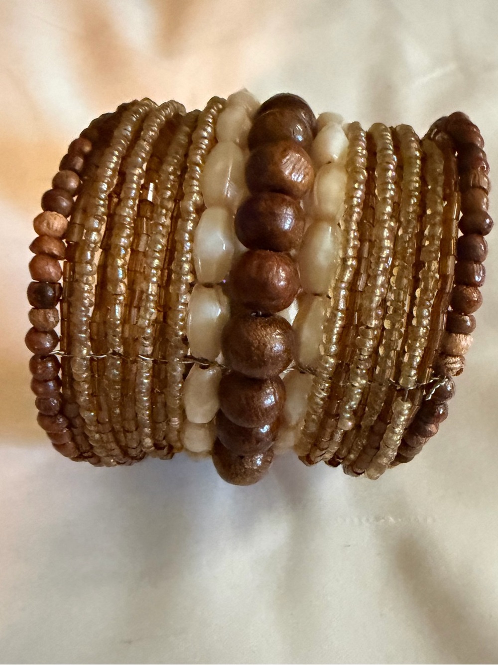Hand Crafted Wide Natural Wooden and Bead Multistrand Adjustable Cuff Bracelet